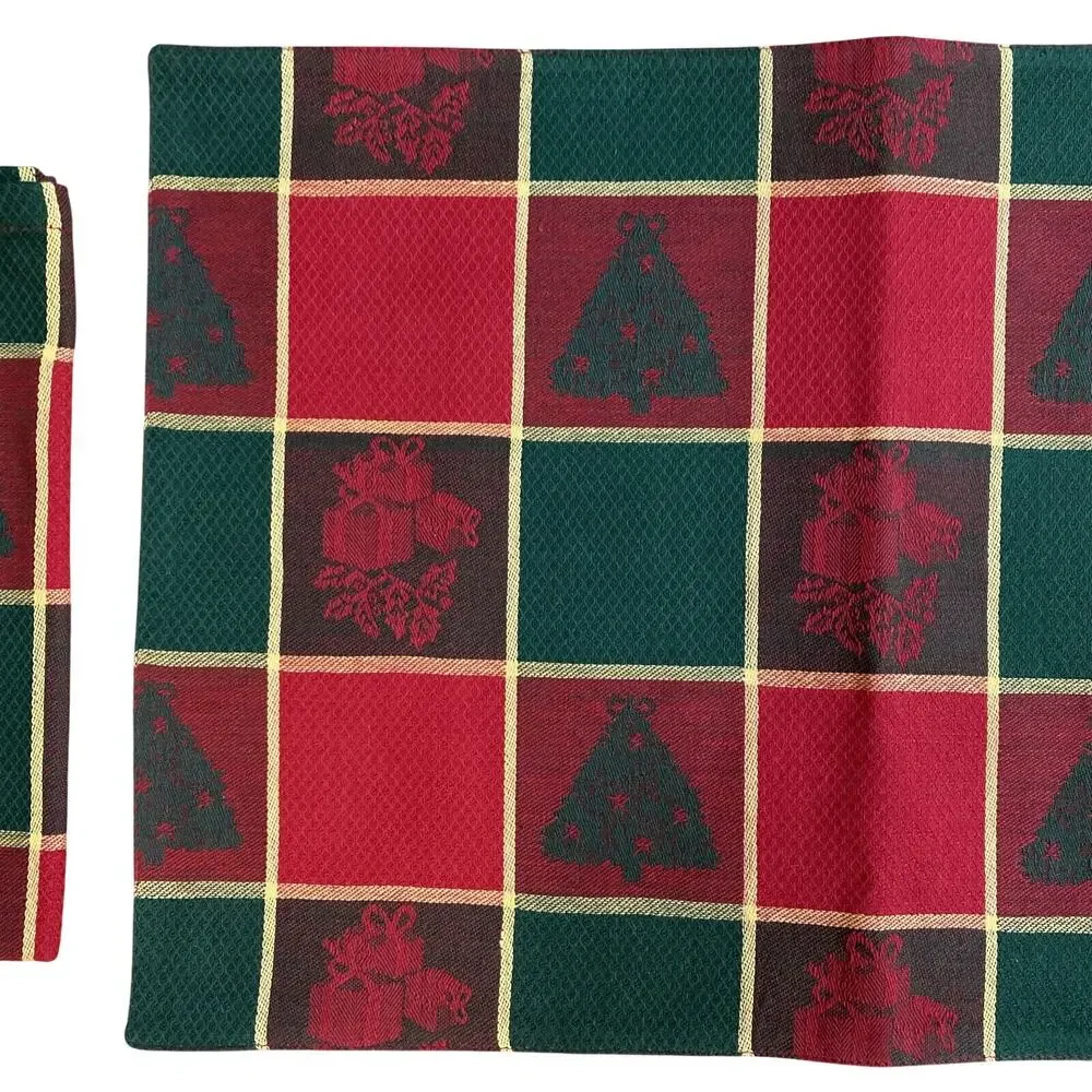 Vintage Christmas Table Linens (4) placemats & napkins red green plaid festive